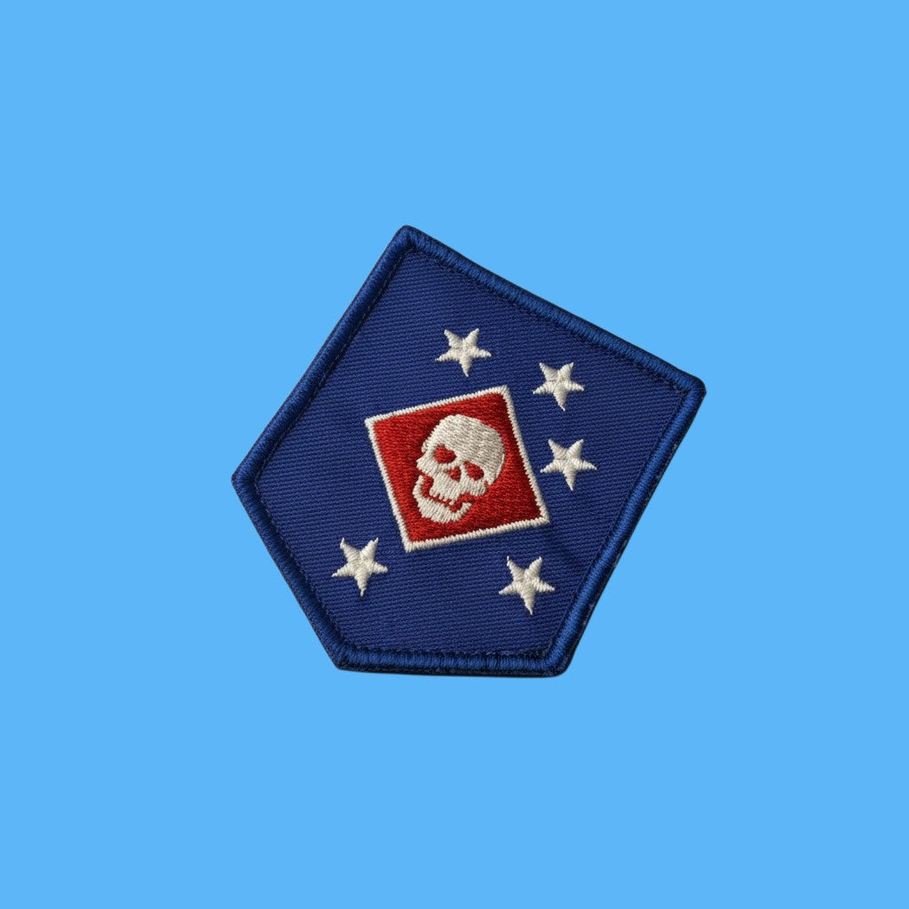 MAKSIGOR Marsoc USMC Raiders Marines patch with skull and stars on blue background, Velcro backing.
