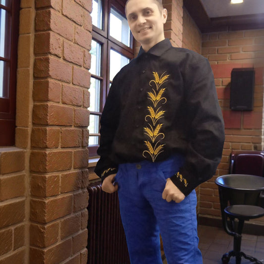 Men's branded shirt with embroidery. Golden Ears of Wheat.